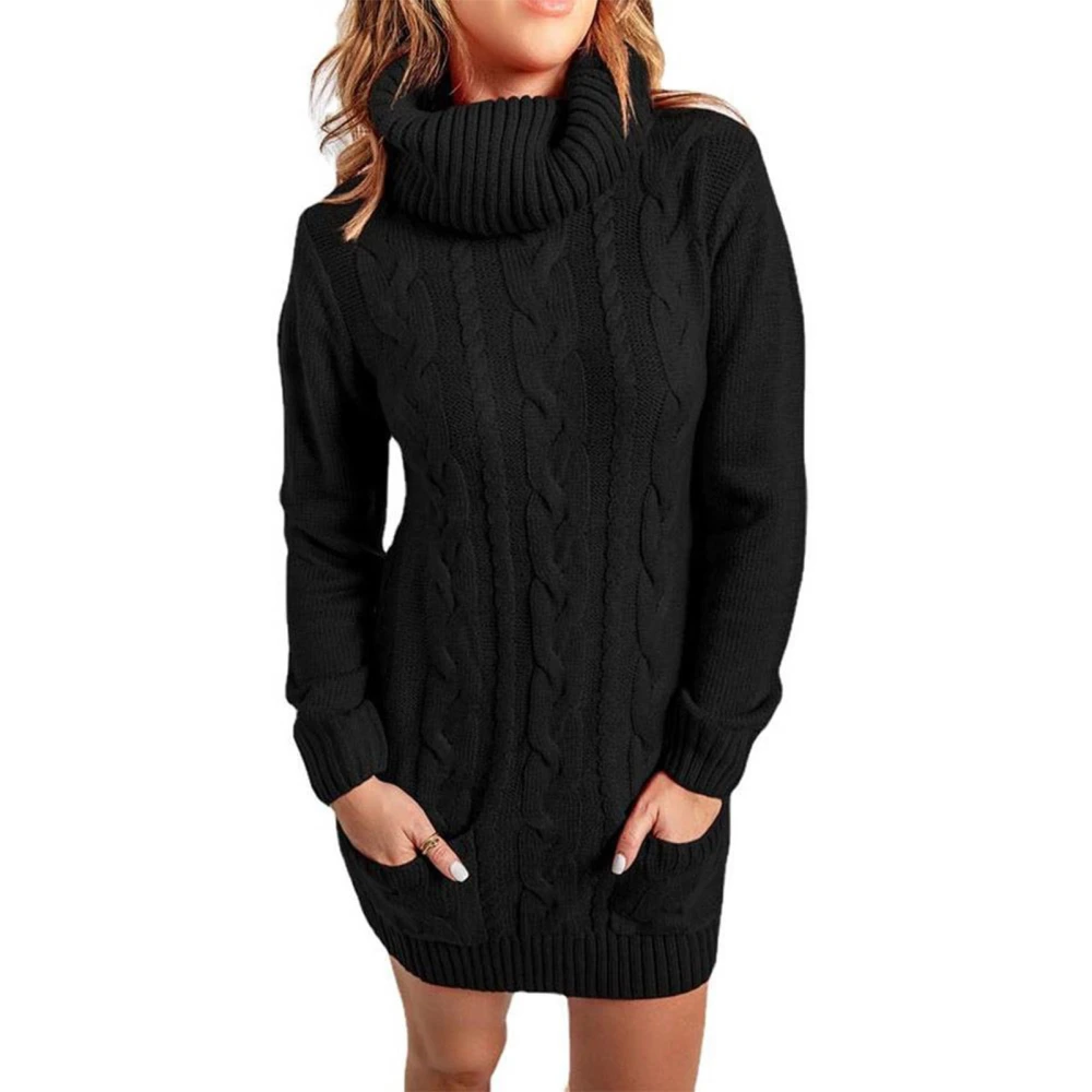 Casual Cable Knit Dress High Neck Long Sleeve with Pocket Loose Sweater Dress for Women Black 3XL