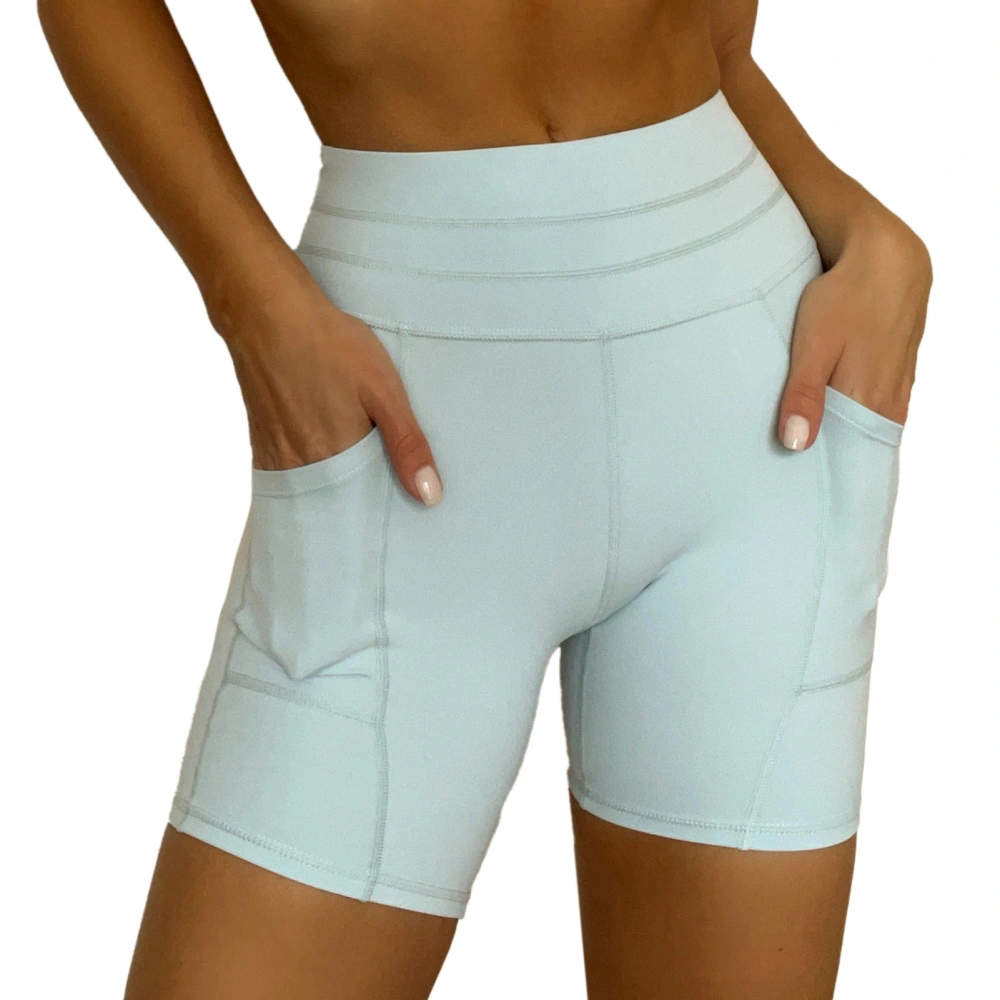 Yoga Shorts with Side Pockets High Waist Pure Color Stretchy Soft Biker Shorts for Women Grey Blue M