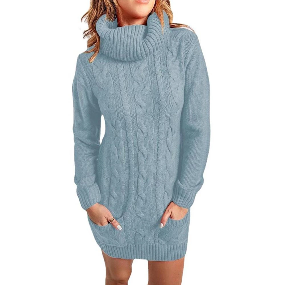 Casual Cable Knit Dress High Neck Long Sleeve with Pocket Loose Sweater Dress for Women Light Blue S