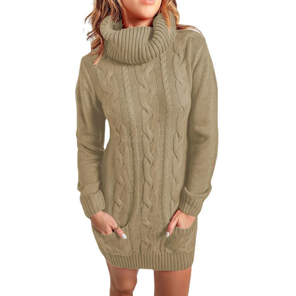 Casual Cable Knit Dress High Neck Long Sleeve with Pocket Loose Sweater Dress for Women Khaki M