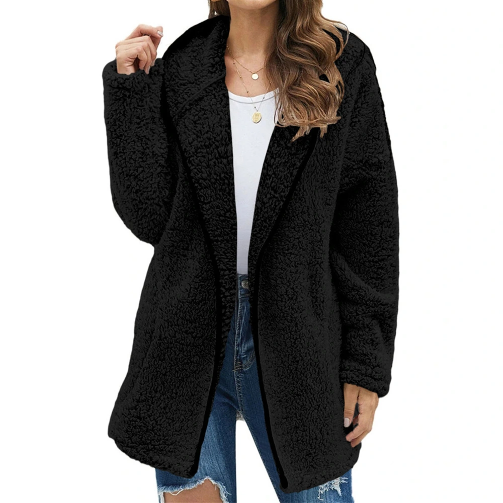 Women Plush Hooded Jacket Pure Color Casual Stylish Comfortable Plush Hooded Coat for Daily Wear Work Black XL