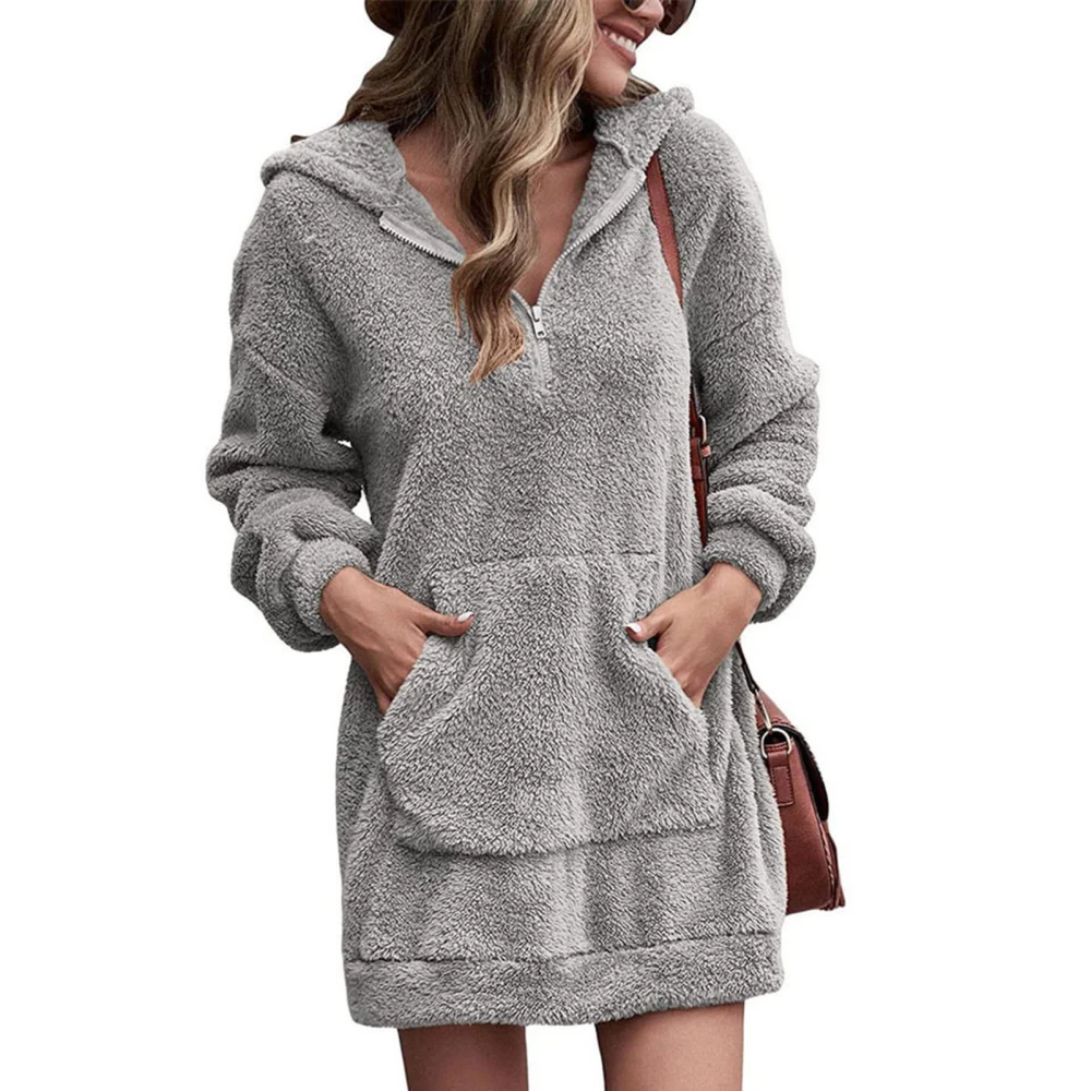 Women Plush Hooded Sweatshirt Double Sided Plush Mid Length Neckline Zipper Large Pocket Winter Warm Pullover Hoodie Gray M