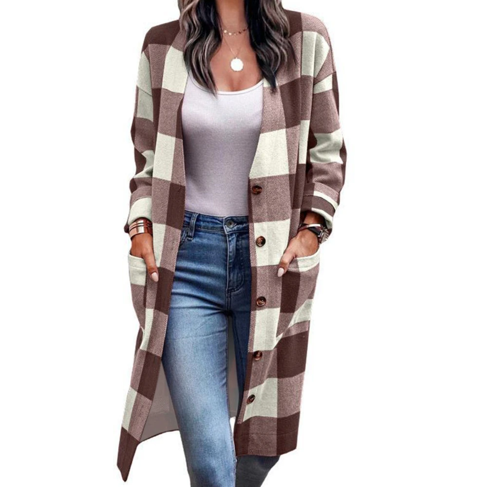 Long Sleeve Button Up Outwear Women Loose Casual Elegant Drop Shoulder Plaid Coat with Pocket for Dating Light Brown XL