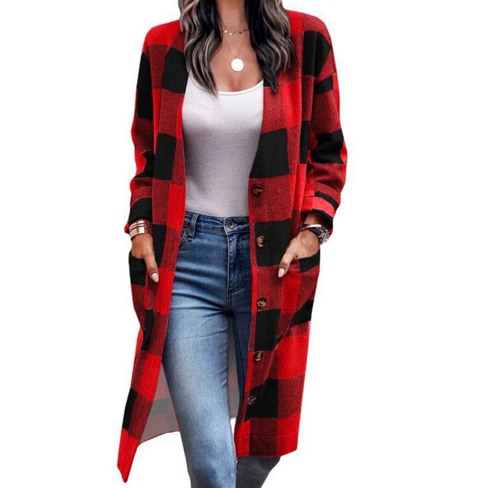 Long Sleeve Button Up Outwear Women Loose Casual Elegant Drop Shoulder Plaid Coat with Pocket for Dating Red M