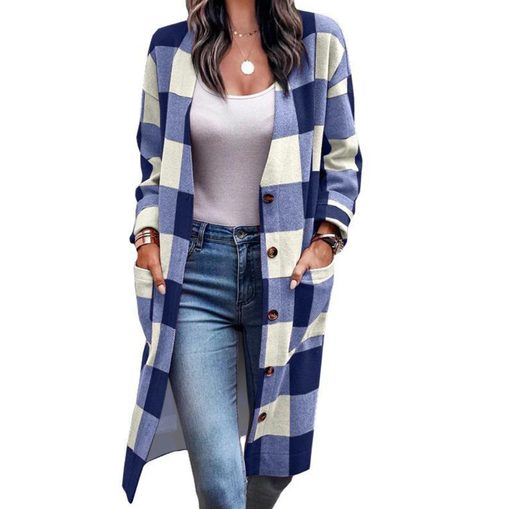 Long Sleeve Button Up Outwear Women Loose Casual Elegant Drop Shoulder Plaid Coat with Pocket for Dating Blue XL