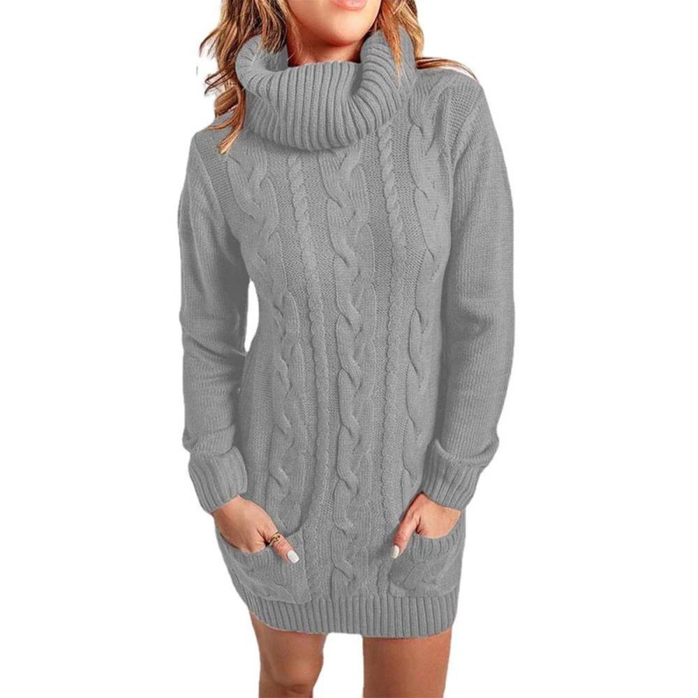 Casual Cable Knit Dress High Neck Long Sleeve with Pocket Loose Sweater Dress for Women Grey S