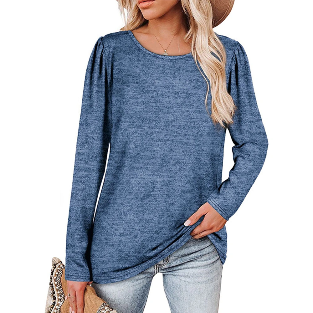 Womens Long Sleeve Shirt Casual Loose Solid Color Skin Friendly Round Neck Long Sleeve Top for Spring Autumn Winter Blue S