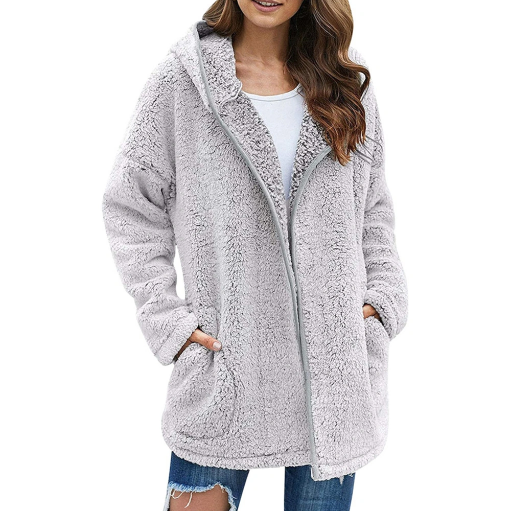 Women Plush Hooded Jacket Pure Color Casual Stylish Comfortable Plush Hooded Coat for Daily Wear Work Light Grey XXL