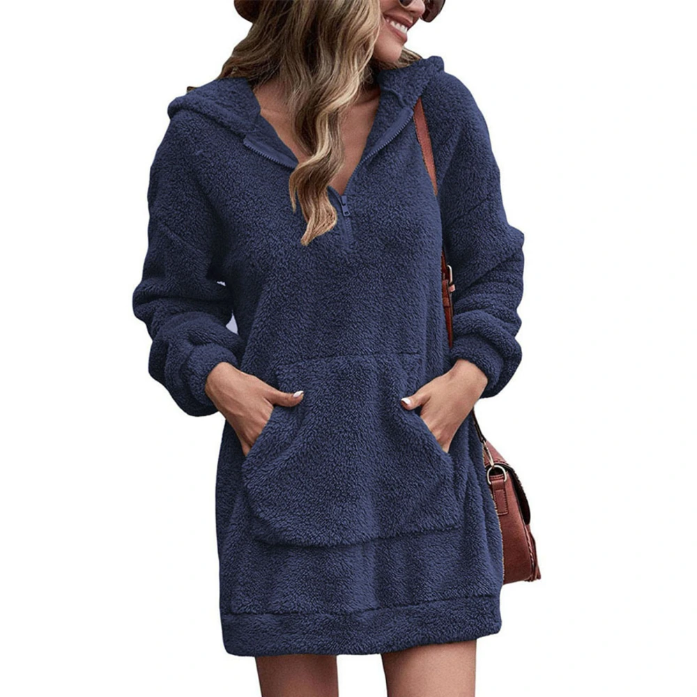 Women Plush Hooded Sweatshirt Double Sided Plush Mid Length Neckline Zipper Large Pocket Winter Warm Pullover Hoodie Purplish Blue L