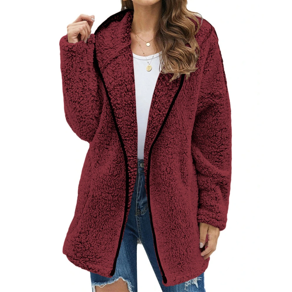 Women Plush Hooded Jacket Pure Color Casual Stylish Comfortable Plush Hooded Coat for Daily Wear Work Wine Red XXL