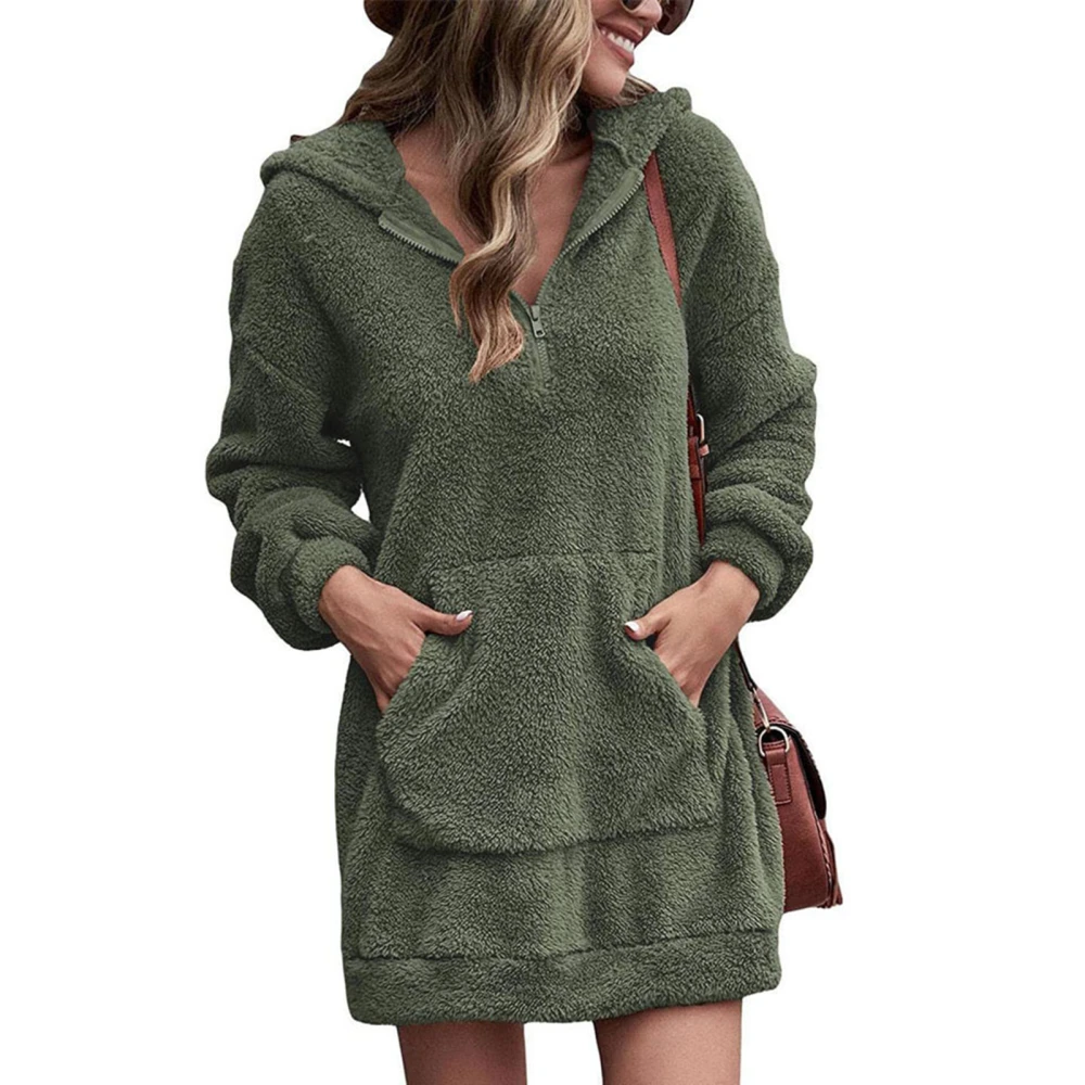 Women Plush Hooded Sweatshirt Double Sided Plush Mid Length Neckline Zipper Large Pocket Winter Warm Pullover Hoodie OD Green XXL