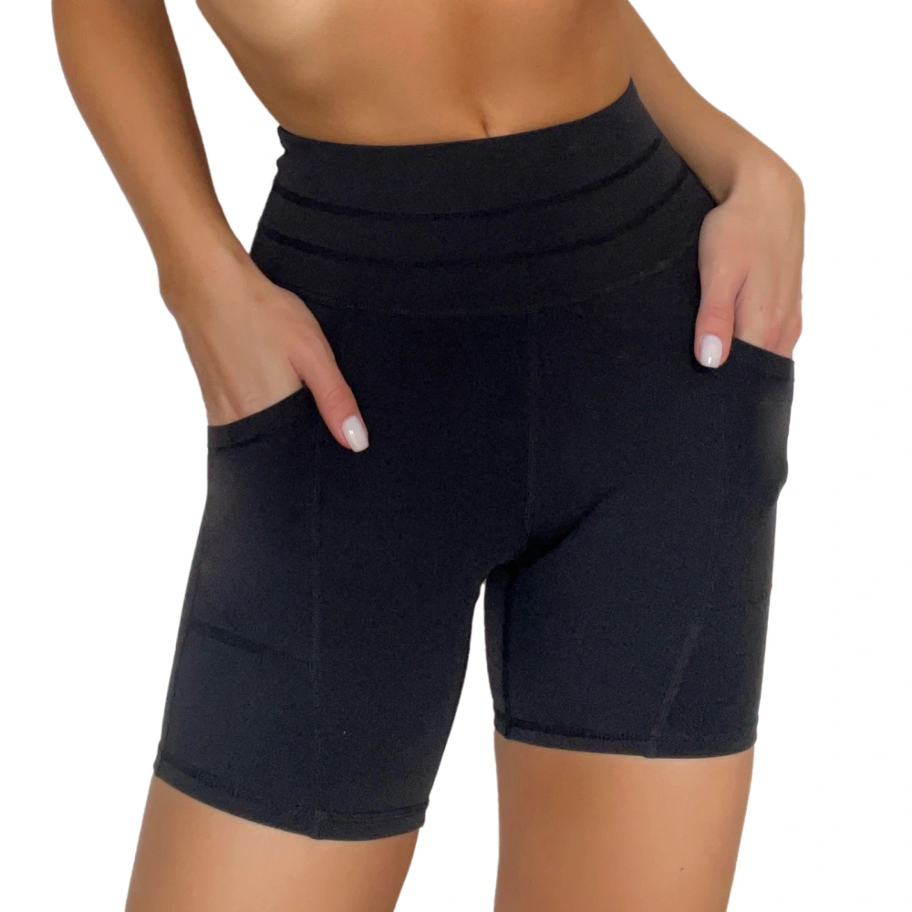 Yoga Shorts with Side Pockets High Waist Pure Color Stretchy Soft Biker Shorts for Women Black M