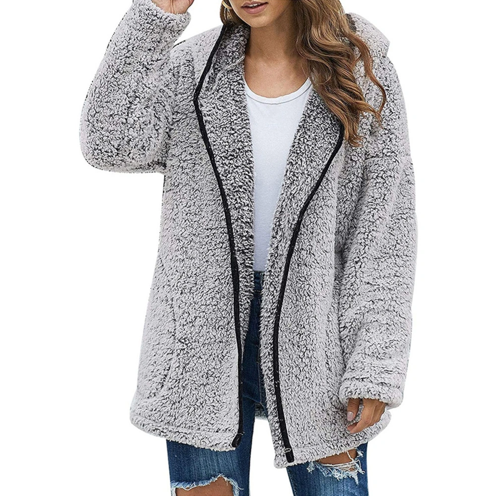 Women Plush Hooded Jacket Pure Color Casual Stylish Comfortable Plush Hooded Coat for Daily Wear Work Grey XL