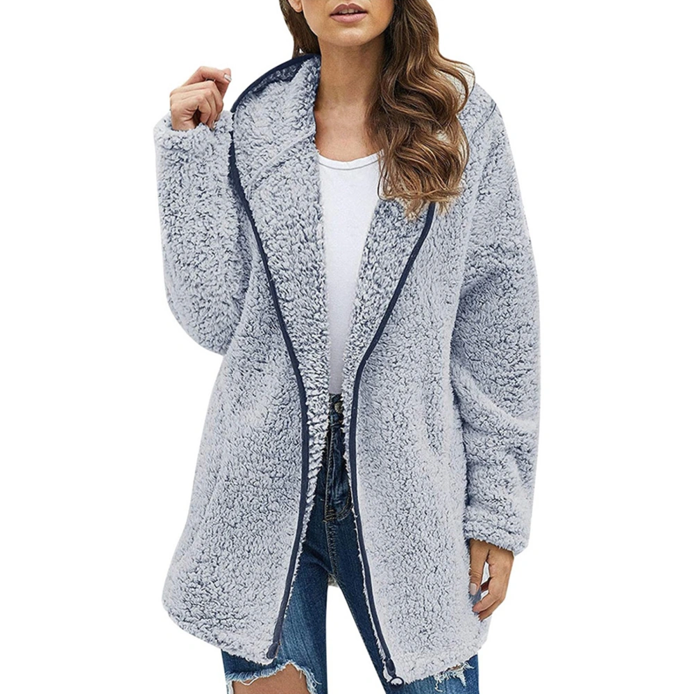 Women Plush Hooded Jacket Pure Color Casual Stylish Comfortable Plush Hooded Coat for Daily Wear Work Blue L