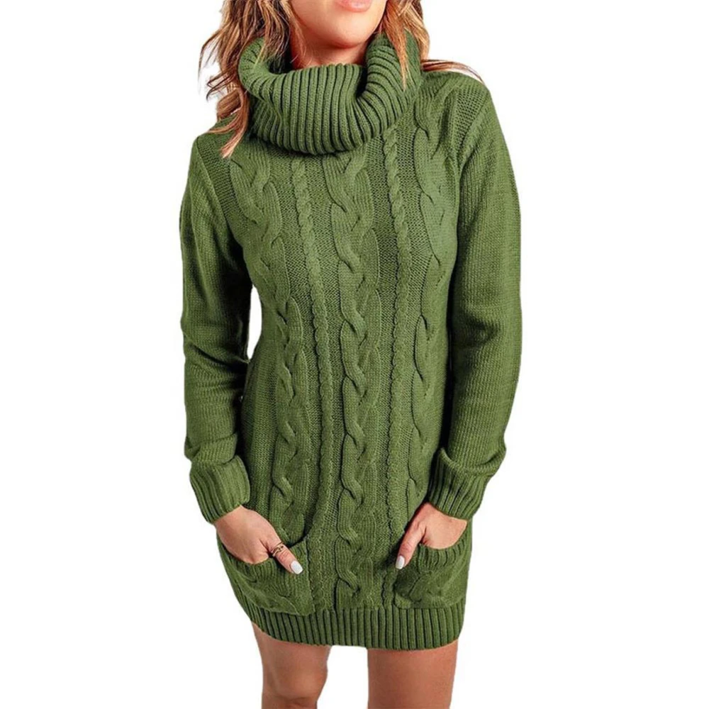 Casual Cable Knit Dress High Neck Long Sleeve with Pocket Loose Sweater Dress for Women OD Green L