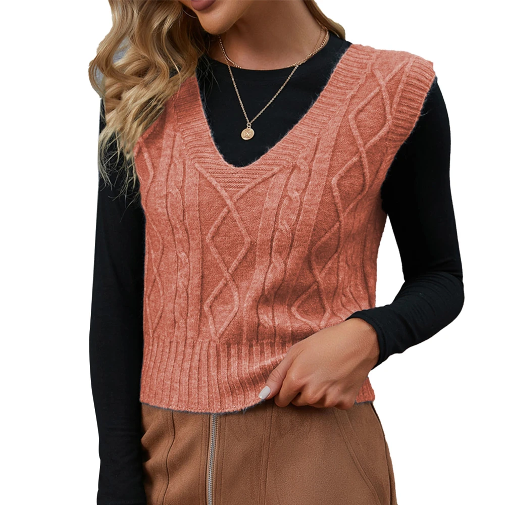 V Neck Sweater Vest Cable Knit Comfortable Fashionable Casual Women Sleeveless Knitwear for Autumn Winter Orange L