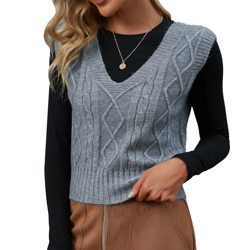 V Neck Sweater Vest Cable Knit Comfortable Fashionable Casual Women Sleeveless Knitwear for Autumn Winter Grey L