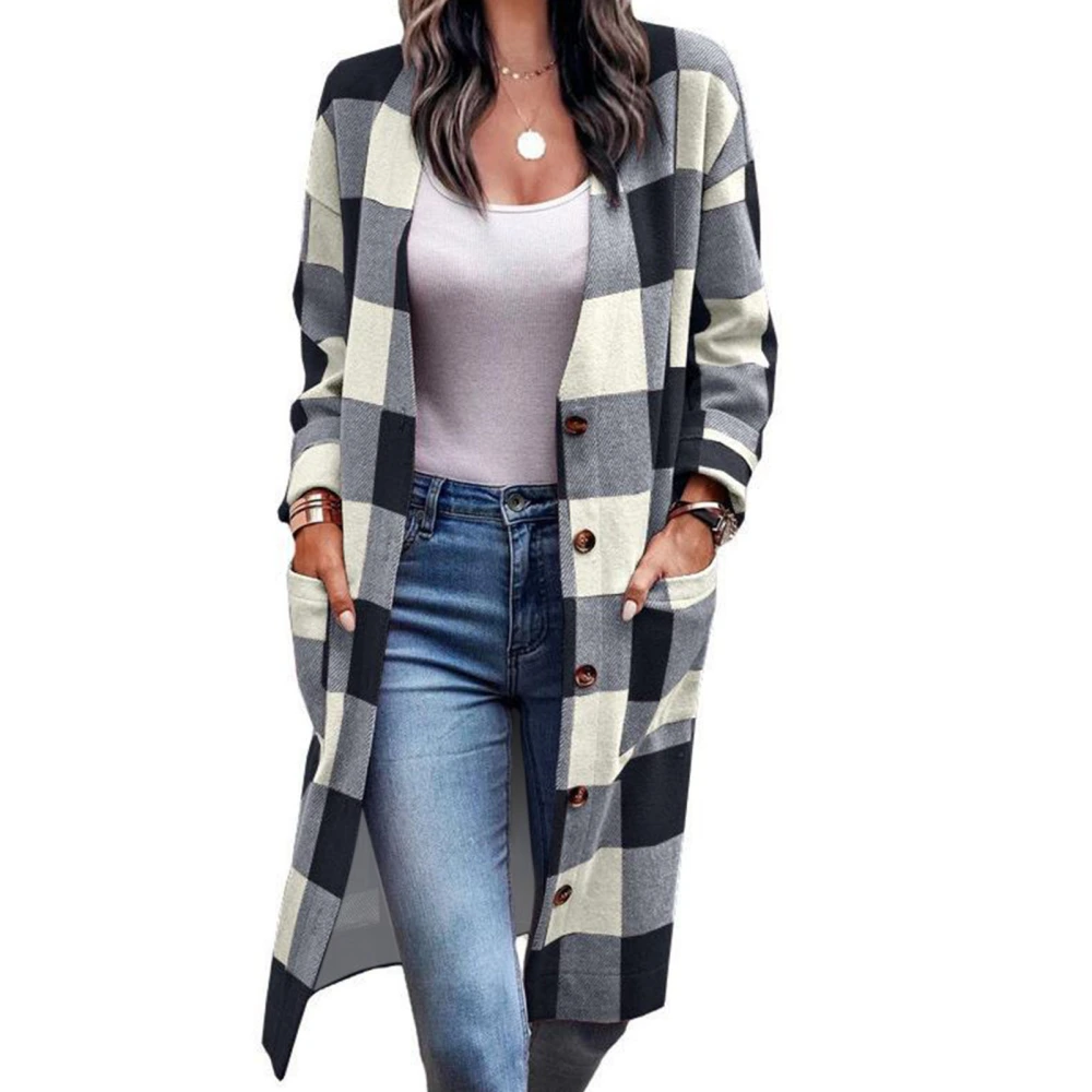 Long Sleeve Button Up Outwear Women Loose Casual Elegant Drop Shoulder Plaid Coat with Pocket for Dating Black M