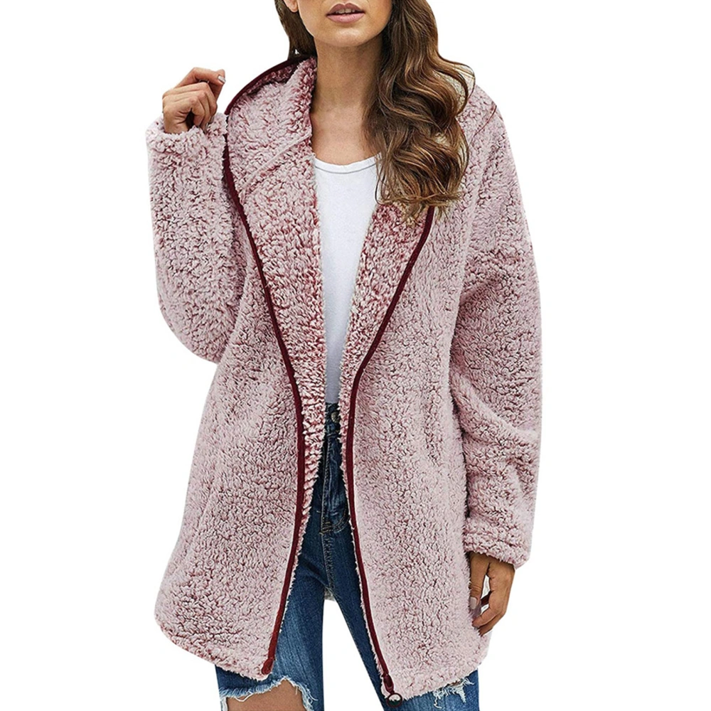 Women Plush Hooded Jacket Pure Color Casual Stylish Comfortable Plush Hooded Coat for Daily Wear Work Pink XXL