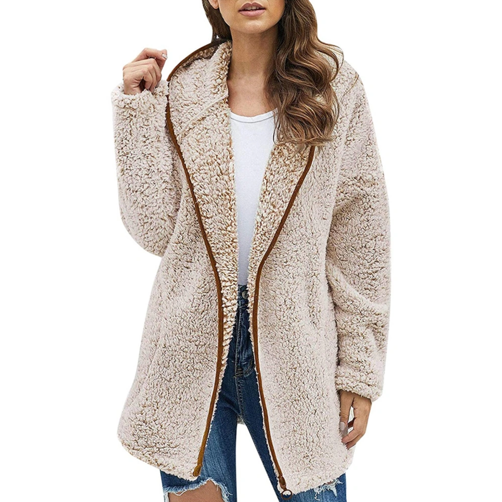 Women Plush Hooded Jacket Pure Color Casual Stylish Comfortable Plush Hooded Coat for Daily Wear Work Dark Apricot XL