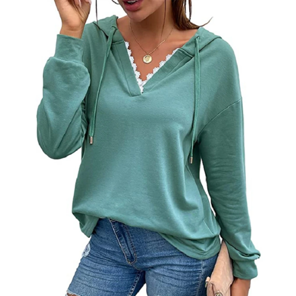 Hoodie Lace V Neck Long Sleeves Solid Color Comfortable Casual Women Pullover for Daily Work Greyish Green M