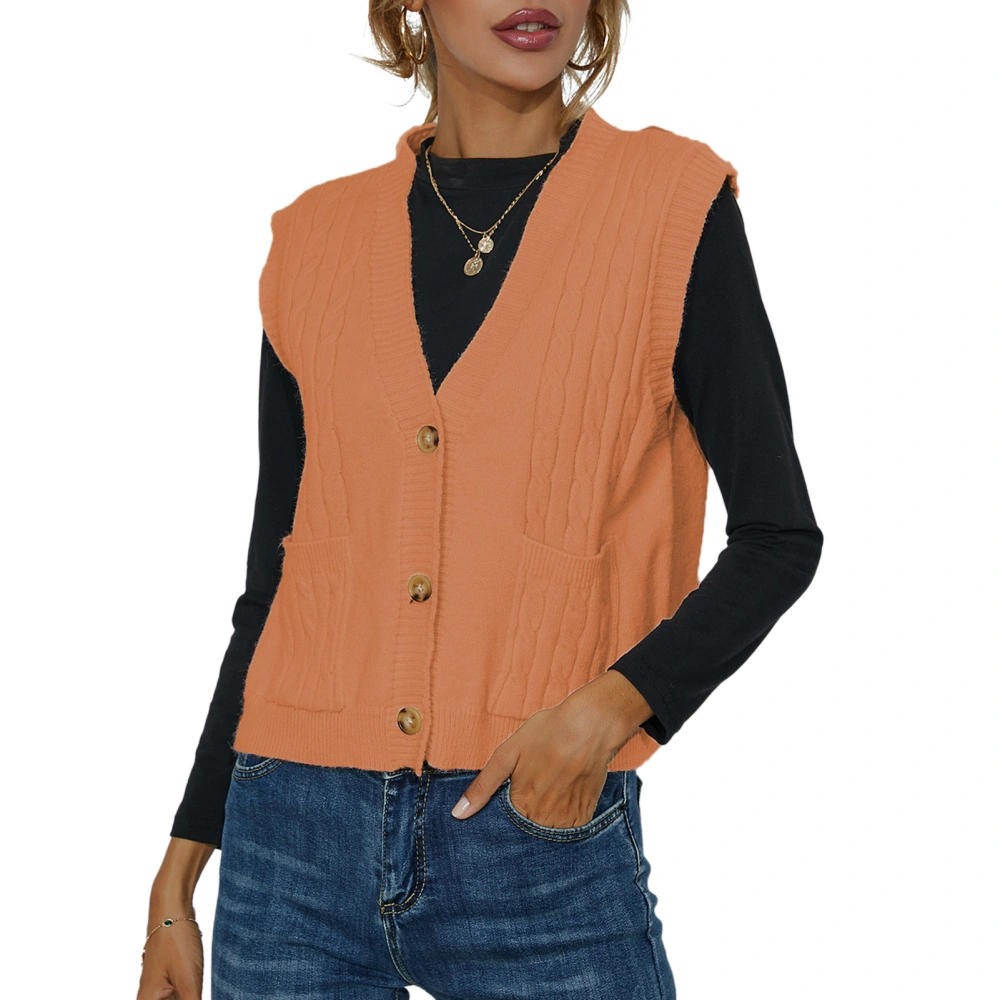 Women V Neck Sweater Vest Cable Knit Sleeveless Button Closure Knitwear Sweater Tank Top Orange S