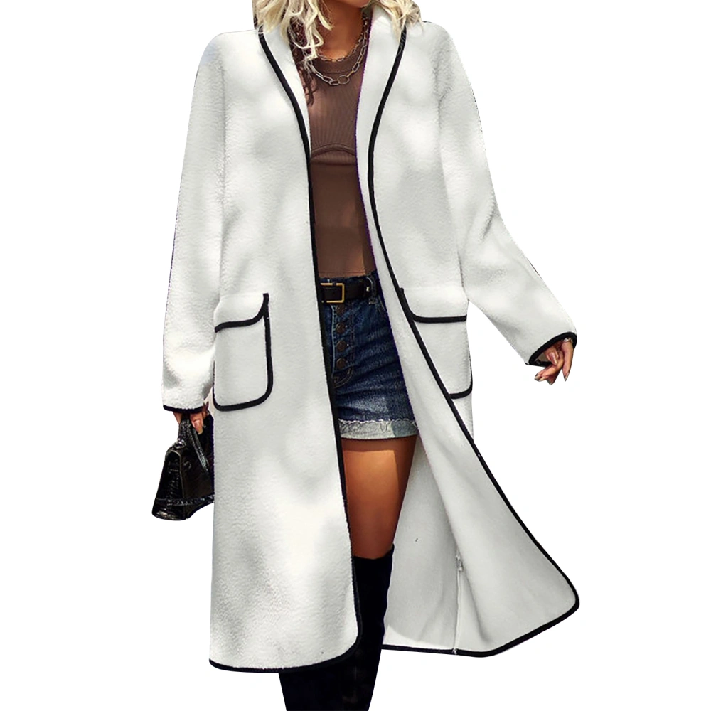 Women Lapel Coat Turn Down Collar Raglan Sleeve Fashionable Polyester Fiber Women Long Coat for Office Party Street White XL