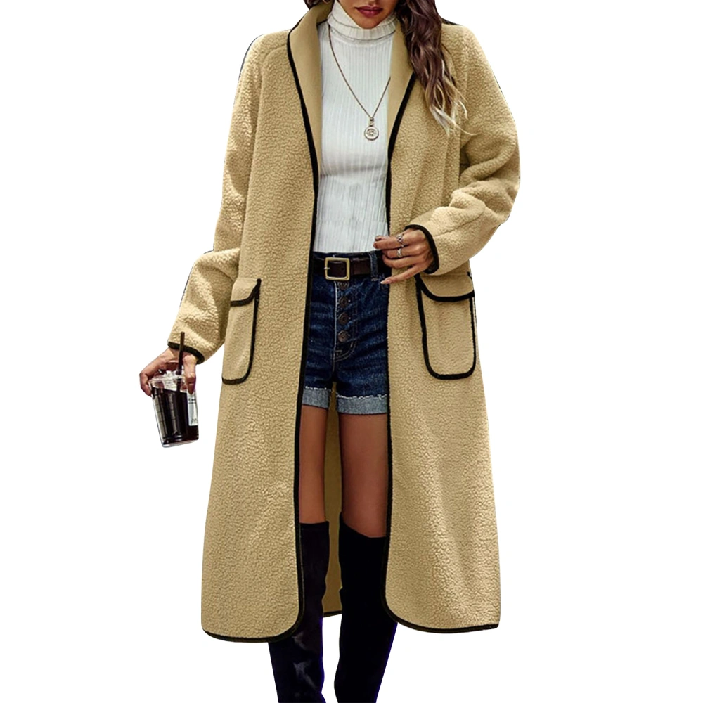 Women Lapel Coat Turn Down Collar Raglan Sleeve Fashionable Polyester Fiber Women Long Coat for Office Party Street Khaki L