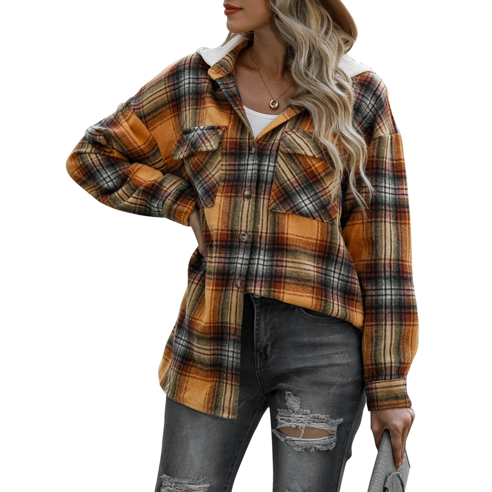 Women Plaid Shirt Hoodie Casual Fashionable Long Sleeve Button Up Blouse Tops with Flap Pocket for Work Yellow L