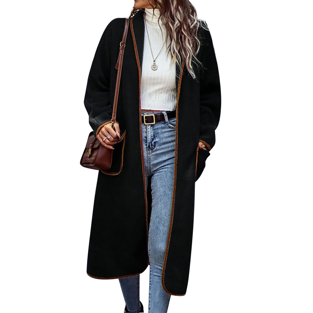 Women Lapel Coat Turn Down Collar Raglan Sleeve Fashionable Polyester Fiber Women Long Coat for Office Party Street Black M