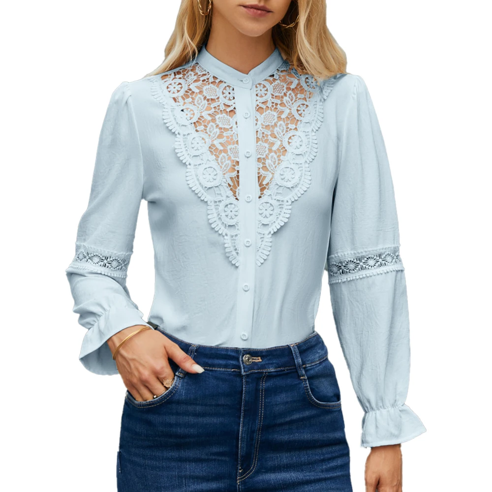 Women Lace Blouse Retro Ruffle Long Sleeve Hollow Out Single Breasted Pure Color Shirt Tee Light Blue M