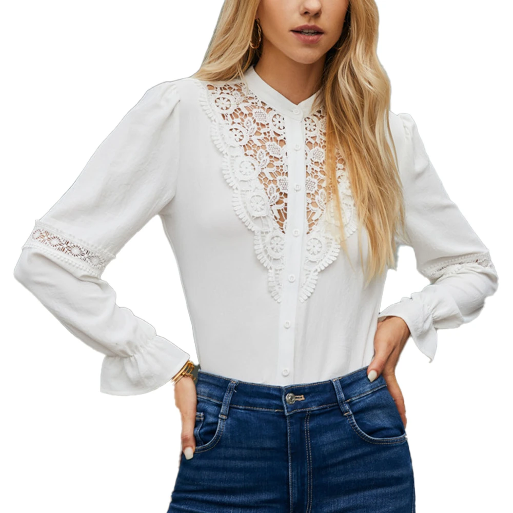 Women Lace Blouse Retro Ruffle Long Sleeve Hollow Out Single Breasted Pure Color Shirt Tee White XL