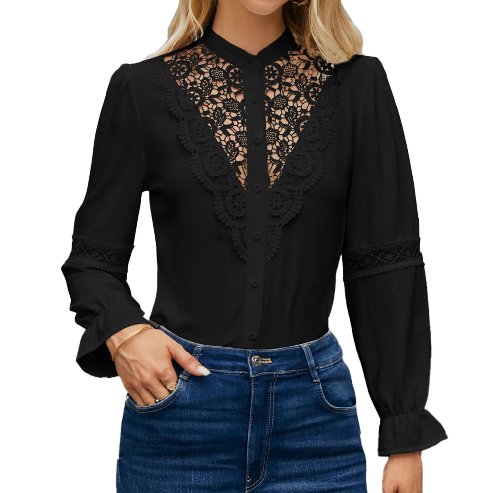 Women Lace Blouse Retro Ruffle Long Sleeve Hollow Out Single Breasted Pure Color Shirt Tee Black S