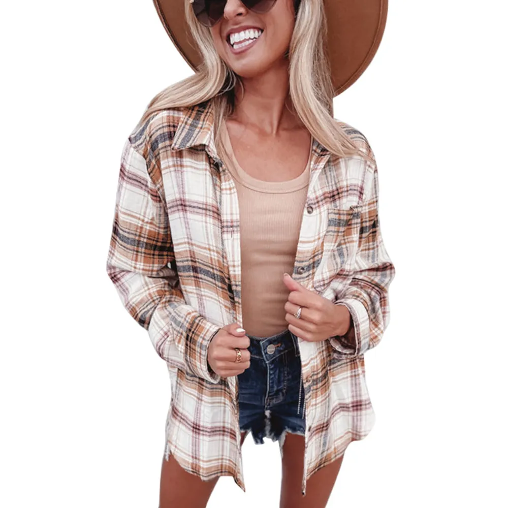 Women Turn Down Collar Plaid Shirt Casual Stylish Long Sleeve Button Up Tops Blouse with Chest Pocket Khaki S