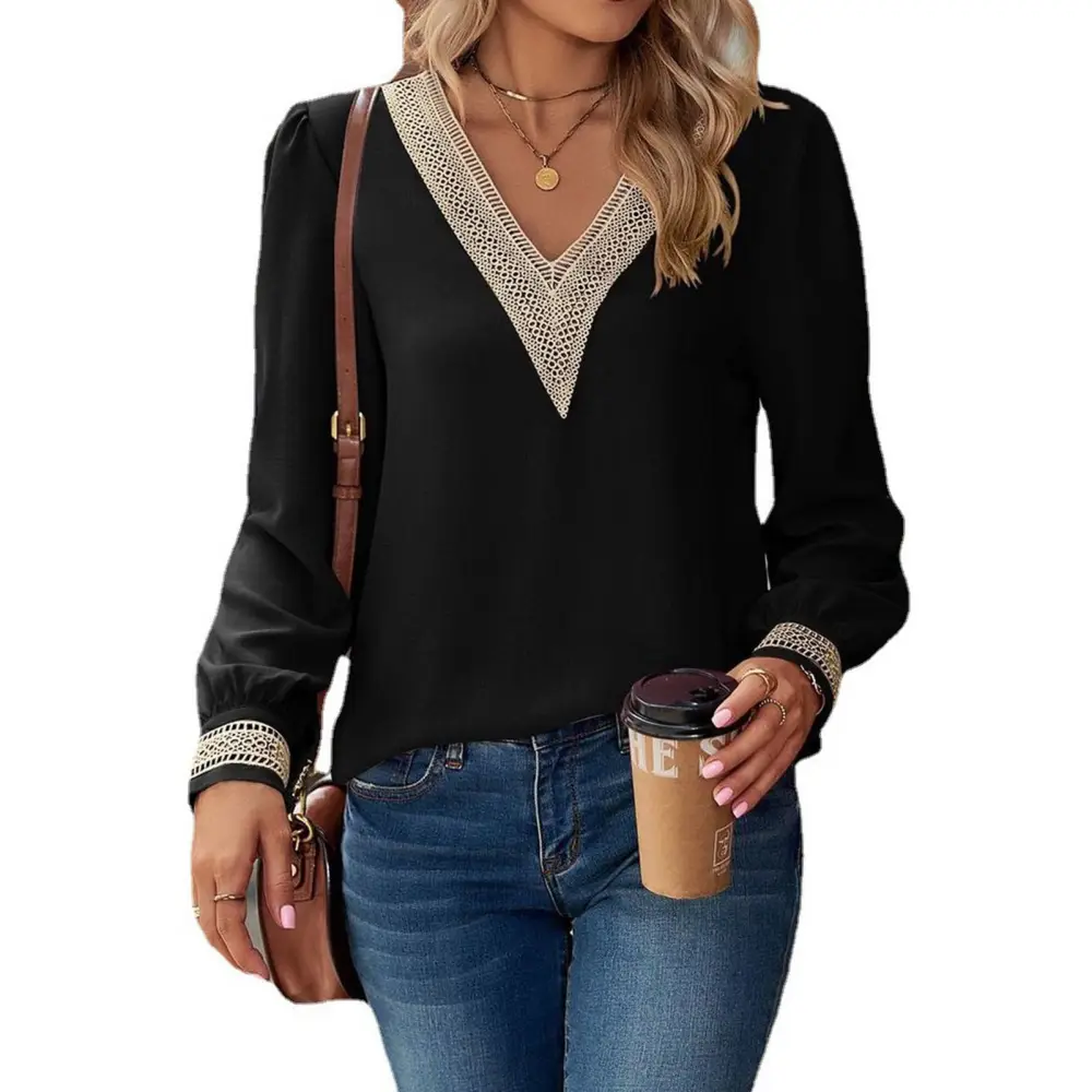 Pullover Lace Stitching V Neck Long Puff Sleeves Casual Comfortable Chiffon Women Top Black XL