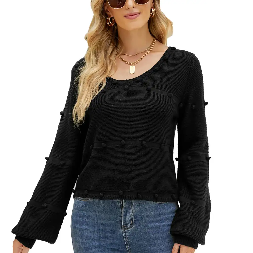 Women Sweater Long Sleeve Knitwear U Neck Knitted Top Pure Colour for Autumn Winter Black S