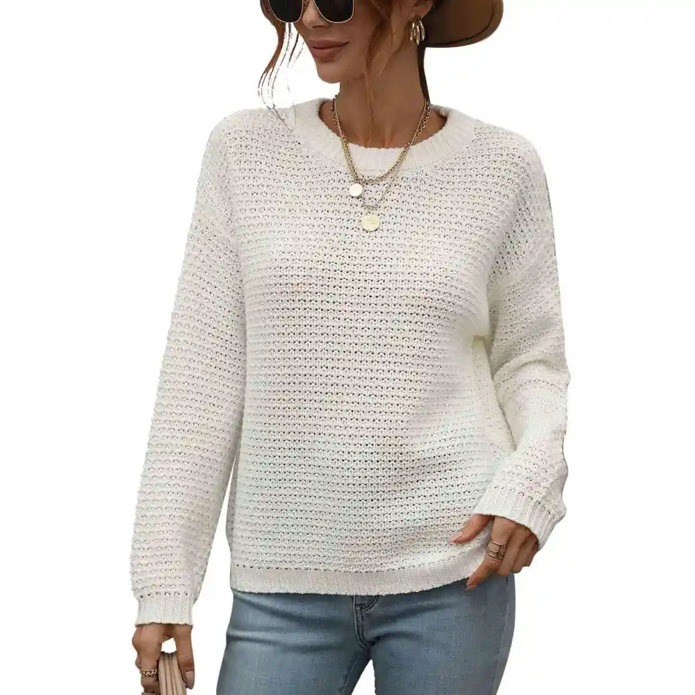 Women Crew Neck Sweater with Loose Hem Long Sleeve Pullover Knitted Top for Autumn and Winter White M