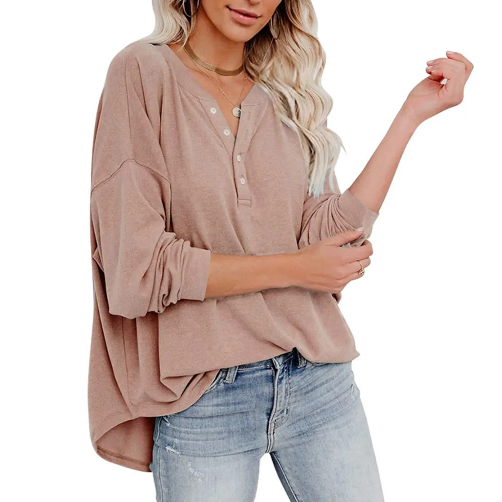 Women Loose Long Sleeve Shirt V Neck Drop Shoulder Pure Color Simple Casual Trendy Pullover Top for Fall Winter Dark Khaki XL