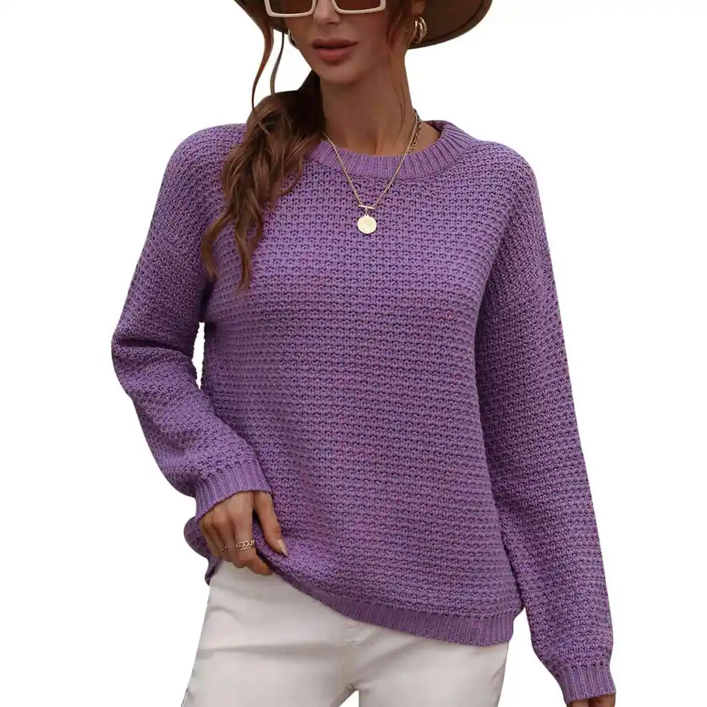 Women Crew Neck Sweater with Loose Hem Long Sleeve Pullover Knitted Top for Autumn and Winter Purple L