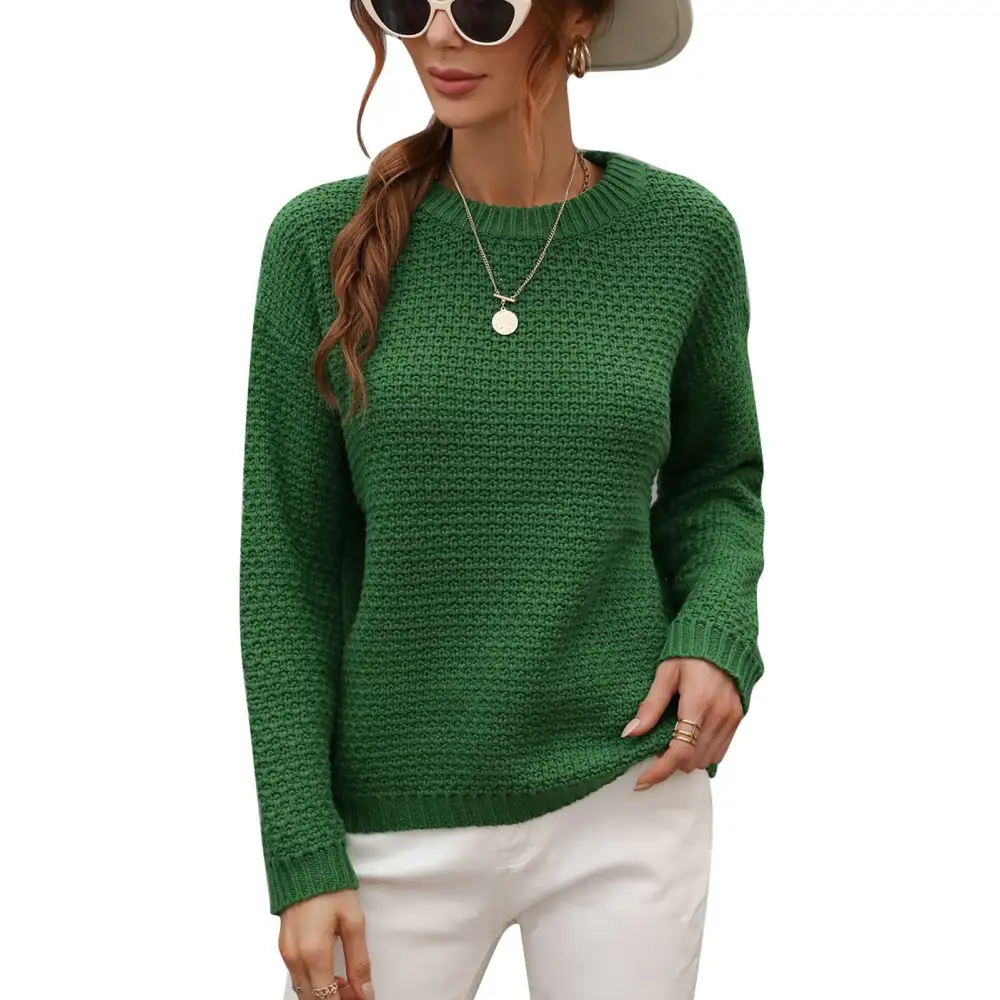 Women Crew Neck Sweater with Loose Hem Long Sleeve Pullover Knitted Top for Autumn and Winter Green M