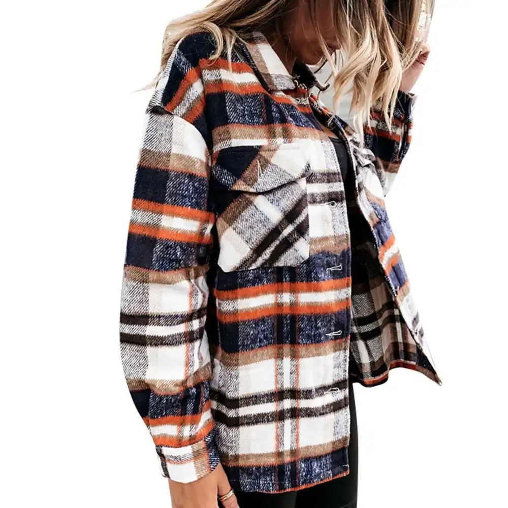 Women Plaid Shirt Turn Down Collar Single Row Button Long Sleeve Casual Top for Lady Orange XL