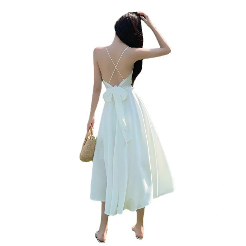 Women Satin Spaghetti Strap Dress Elegant Pure Color Wrap V Neck Bow Tie Criss Cross Back Dress for Beach White XL