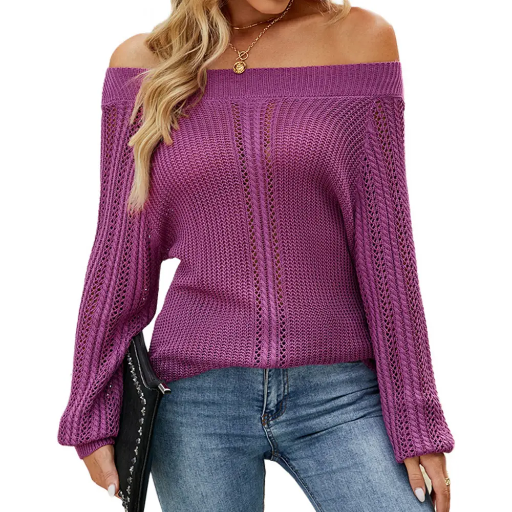 Blouse Off Shoulder Hollow Out Long Sleeve Pure Color Fashionable Casual Tops for Woemn Purple S