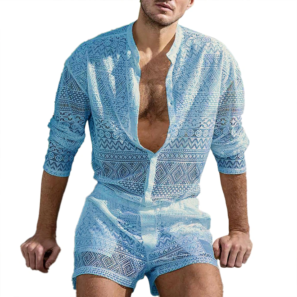 Men Lace Shirt Set Floral Long Sleeve Pure Color Breathable Casual Hollow Shorts Set for Male Sky Blue M