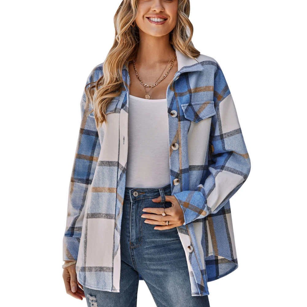 Womens Plaid Jacket Lapel Single Breasted Casual Loose Plaid Print Long Sleeves Jacket Coat with Tonal Belt Blue M