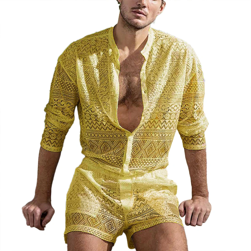 Men Lace Shirt Set Floral Long Sleeve Pure Color Breathable Casual Hollow Shorts Set for Male Yellow XXL