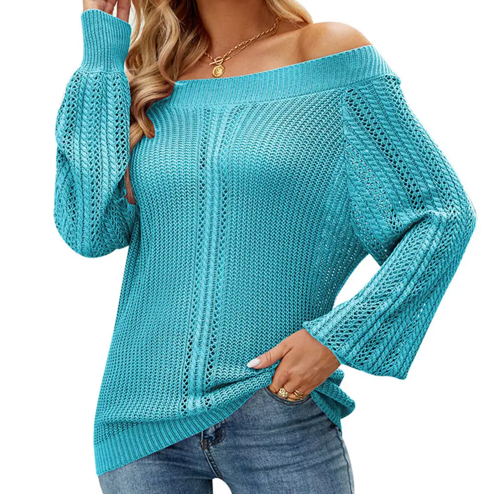 Blouse Off Shoulder Hollow Out Long Sleeve Pure Color Fashionable Casual Tops for Woemn Blue S