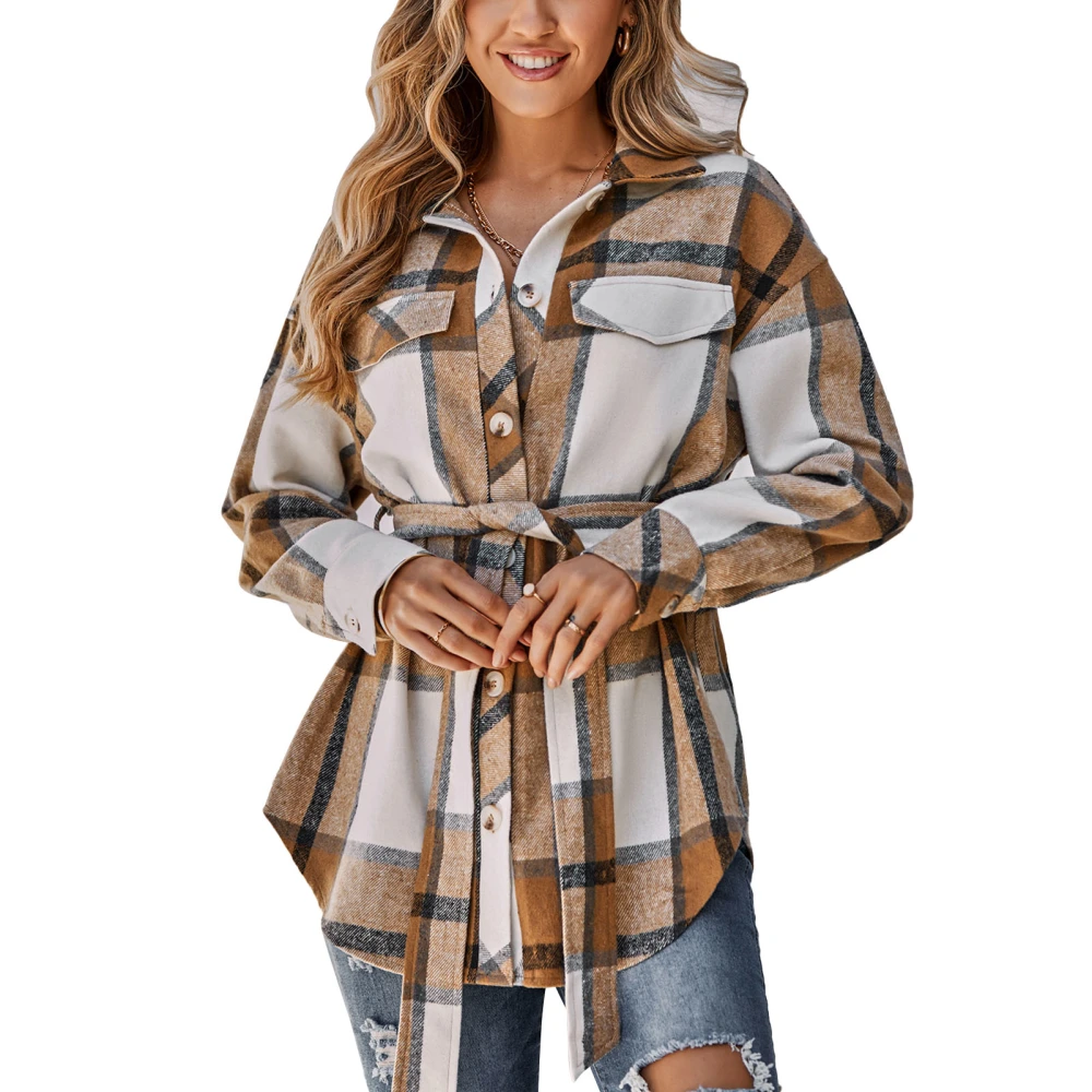 Womens Plaid Jacket Lapel Single Breasted Casual Loose Plaid Print Long Sleeves Jacket Coat with Tonal Belt Khaki S