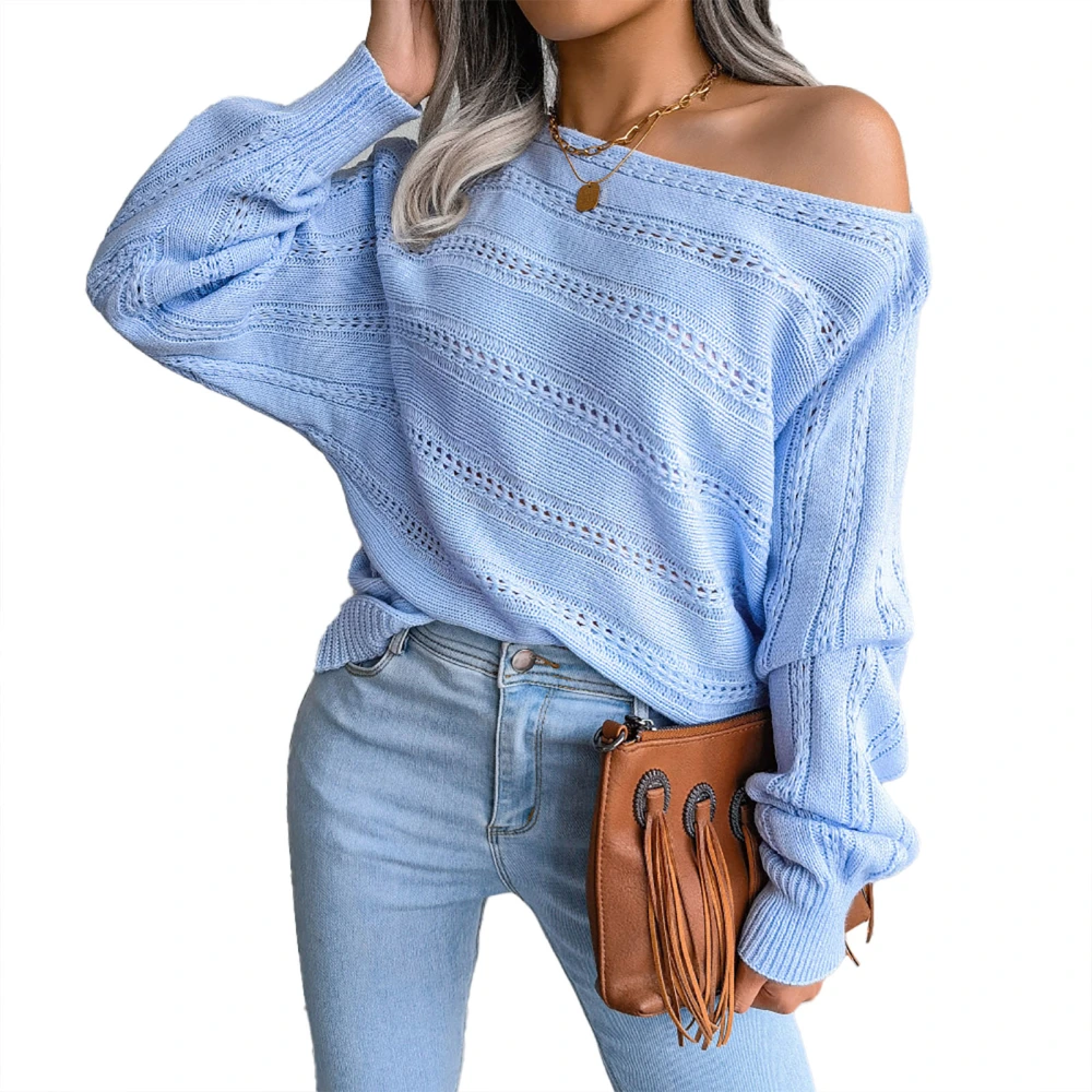 Long Sleeve Off Shoulder Knitted Top Loose Comfortable Stylish Casual Hollow Knitted Top for Women Blue S