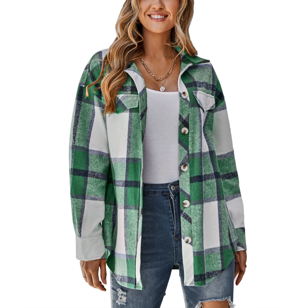 Womens Plaid Jacket Lapel Single Breasted Casual Loose Plaid Print Long Sleeves Jacket Coat with Tonal Belt Green XL